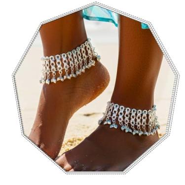 Imagem de Yokawe Tornozeleiras Boho Prata Sino com Contas Indianas Corrente Borla Praia Descalço Sandálias Femininas (2 Peças)