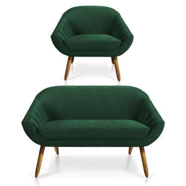 Imagem de Kit 01 Namoradeira e 01 Poltrona Veludo Verde Esmeralda Castanho
