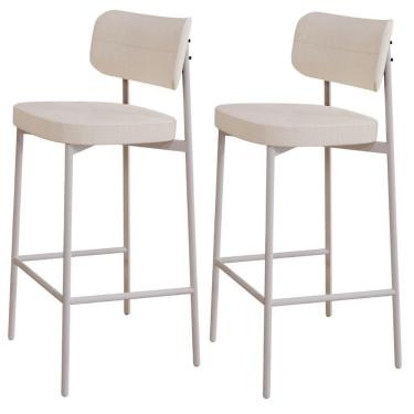 Imagem de Kit 02 Banquetas Alta Bar Cozinha Sala De Jantar Aço Branco Kaira C01 Linho Palha - Lyam Decor
