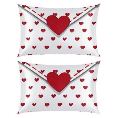 Imagem de Horaldaily Valentine King Size Conjunto de 2 fronhas de cetim para pele e cabelo, Envelope Love Hearts Smooth Soft semelhante a fronhas de seda para roupa de cama, sofá, sofá, presente ideal para