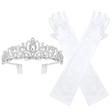 Imagem de Brimekichio Tiara e luvas para meninas, crianças, coroa de princesa e luvas longas de cetim para meninas, acessórios de princesa de Halloween para crianças, branco