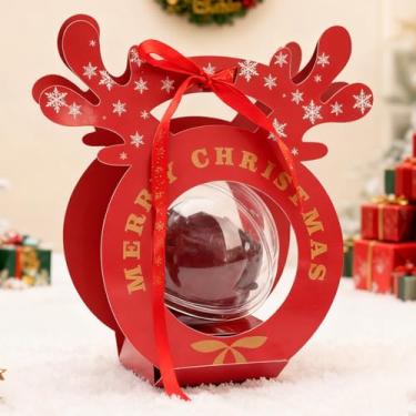 Imagem de 1 caixa de presente de maçãs de janela transparente de Natal portátil para biscoitos doces caixa de embalagem de festa de presente para casa (vermelho, alce)