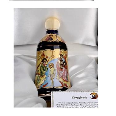 Imagem de Peace River Jordan Água benta do rio Jordão, onde Jesus Cristo foi batizado e abençoado contido em uma garrafa pintada à mão em ouro 24 K com cena do batismo