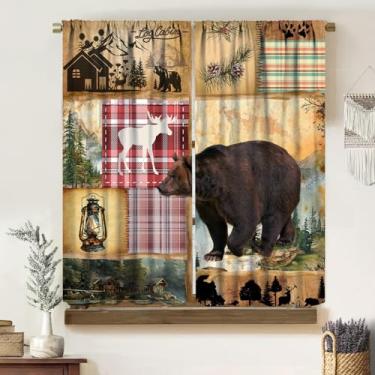 Imagem de Yoakiet Cortina blackout rústica para cabana, campo de fazenda, vida selvagem, urso, alce, floresta, retrô, estampa de madeira, bolso para varão, tratamentos de janela, cortinas para quarto, sala de