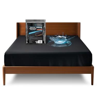 Imagem de Lençol de elástico Extreme California King impermeável, bolso profundo de 35,5 cm, protetor de colchão 100% preto, seguro com óleo, à base de água e produtos de massagem de silicone, lavável na