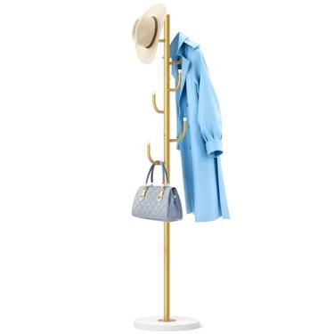 Imagem de MISSLO Cabide resistente independente de 4 tamanhos ajustáveis com base de madeira estável com 6 ganchos em pé para roupas, árvore para quarto, dourado