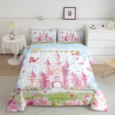 Imagem de Feelyou Conjunto de cama castelo – castelo rosa infantil – edredom de decoração de princesa, enchimento de edredom, conjunto de cama de microfibra
