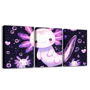 Imagem de Feelyou Linda arte de parede em tela Kawaii Axolotl 30,5 cm x 40,6 cm x 3 peças para sala de estar quarto desenho animado salamandra oceano vida marinha imagem decoração de parede para banheiro