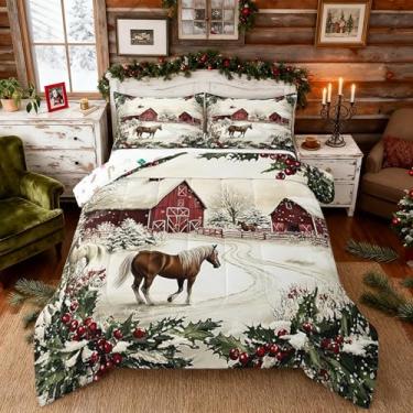 Imagem de Castle Fairy Jogo de cama casal, casa de fazenda, rústico, cavalo animal, para crianças, adolescentes, Natal, baga, folhas, inverno, cabana de madeira, edredom com 2 fronhas