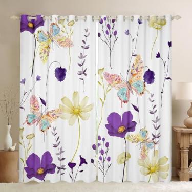 Imagem de Cortinas blackout para crianças, flores roxas e amarelas para quarto de mulheres adolescentes, cortinas rústicas para casa de fazenda 106 cm L x 150 cm C C e tratamentos estéticos para janelas