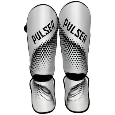 Imagem de Caneleira Muay Thai Branco Hexa Preto Protetor de Canela Kickboxing 20mm PU Articulada - Pulser (M)