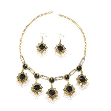 Imagem de Vintage étnico cristal filigrana flor pingente gota gancho declaração brinco simulado pérola contas borla corrente gargantilha ajustável para mulheres boho indiano oxidado tradicional Bollywood