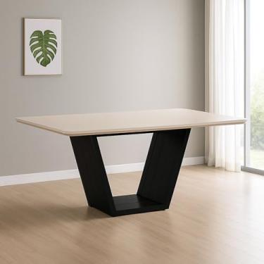 Imagem de Mesa de Jantar Luxo Retangular 160x90 Mdf/vidro para 6 Lugares Pés Madeira Maciça Safira Preto/off White
