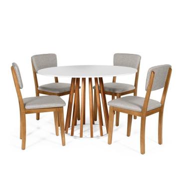 Imagem de Mesa De Jantar Redonda Gabi Nat/bran Com 4 Cadeiras Estofadas Ella Cinza Claro
