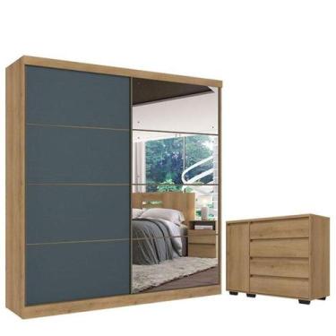 Imagem de Guarda Roupa Casal Málaga Full Glass 2 Portas Capuccino Azul E Cômoda 