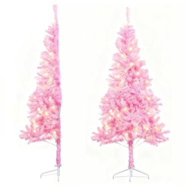 Imagem de Árvore de Natal Prelit de 1,5 m, árvore artificial premium de 290 agulhas de PVC, com 250 luzes LED (pilhas não incluídas), suporte de metal, para decoração interna de Natal (rosa, 1,8 m)