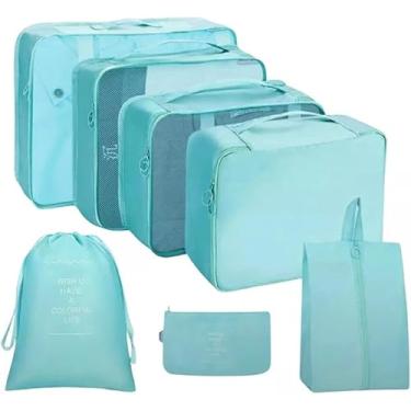 Imagem de Kit 7 Organizadores de Mala para Viagem Nylon Resistente à Água com Tela Respirável e Zíper Leve Dobrável Bolsas para Roupas Íntimas Sapatos Acessórios Cabos Organização de Bagagem (VERDE)