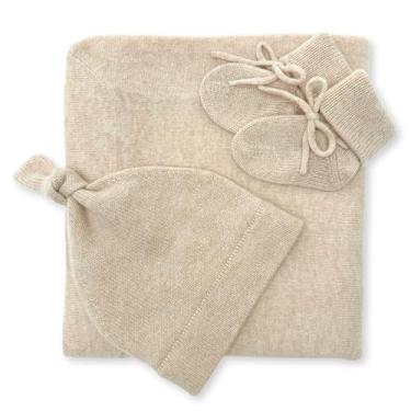 Imagem de Jet&Bo BABY Cobertor de bebê 100% caxemira, gorro e botinhas, conjunto de presente de malha de luxo açúcar mascavo - unissex, tamanho 0-6 meses - caixa de presente e cartão incluídos