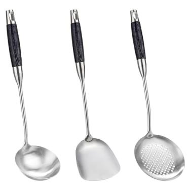 Imagem de FJNATINH Conjunto de conchas de espátulas Wok, concha de sopa, escumadeira, ferramentas de aço inoxidável com cabo de madeira, conjuntos de acessórios para wok, utensílios de cozinha, 3 peças
