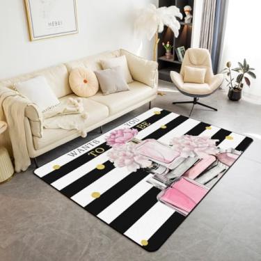 Imagem de Erosebridal Tapete de área rosa 1,88 m x 1,28 m para meninas feminino boêmio moderno tapete geométrico moderno preto branco listrado tapete feminino perfume e livro arco decorativo lavável