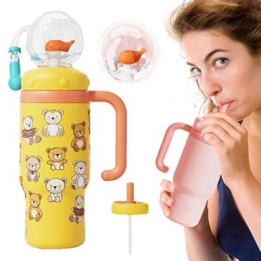 Imagem de Copo de fonte de baleia, copo de fonte de baleia de aço inoxidável de 680 g com alça, copo para beber com esguicho de baleia, garrafa de água de baleia à prova de derramamento para crianças e adultos