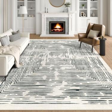 Imagem de BLISSA Tapetes de área 20 x 25 cm para sala de estar - Macio, grande, lavável, geométrico, preto, branco, linhas modernas, abstratas, para quarto, resistente a manchas, tapete contemporâneo para