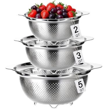 Imagem de Conjunto de coador de aço inoxidável, 3 peças, escorredor de metal para cozinha, coador de macarrão, para arroz, alimentos, frutas, legumes espaguete (2QT, 3QT, 5QT)