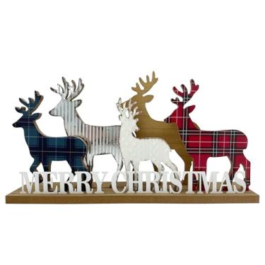 Imagem de HOMirable Decorações de Natal para Casa Elk Placa de Feliz Natal Bloco Decorativo de Madeira Mesa de Fazenda Rústica Decoração de Feriado para Sala de Estar, Mesa de Jantar, Cornija de Lareira, Bandej