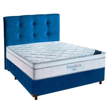 Imagem de Cama Box Azul + Colchão Casal Freedom Ortobom + Cabeceira
