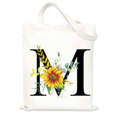 Imagem de Sacolas de lona estampadas para mulheres, sacolas de compras de lona, sacola de compras reutilizável para viagens, compras, trabalho, academia - Letra M