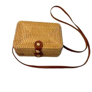Imagem de Laeuokie Bolsa feminina de palha redonda: Rattan tecido à mão, cesta transversal de vime. Tecido para praia, férias, uso diário., Bolsa quadrada pequena, 7.5" (L) * 5.1" (W) * 3.0" (H), Bolsa de vime