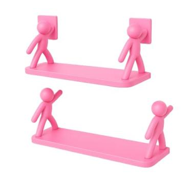 Imagem de Kit Duas Prateleira Estante Bonequinho plástico com suporte decorativa banheiro cozinha C/Adesivo (ROSA 2UN)