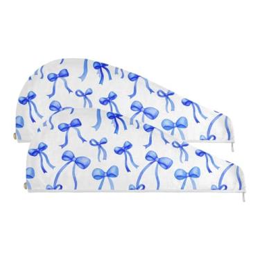 Imagem de SEHANY Linda toalha de cabelo de microfibra com laço azul para mulheres, 2 peças, turbantes de cabelo de secagem rápida com botão, touca de cabelo seco absorvente toalha de secagem de cabelo para