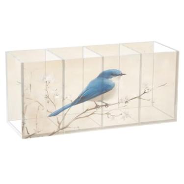 Imagem de SEHANY Lindo porta-canetas de acrílico com flores em aquarela, pássaro, 4 compartimentos, porta-lápis transparente, organizador de pincéis de maquiagem, organizador de papelaria para escritório, casa