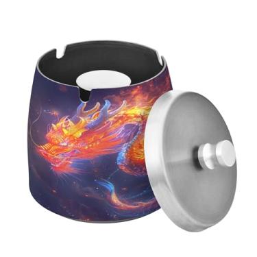 Imagem de Blueangle Lindo cinzeiro de dragão de fogo com tampa para cigarros, à prova de vento/chuva, aço inoxidável, sem fumaça, inodoro, cinzeiro para uso interno ou externo (448)