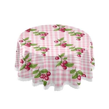 Imagem de SEHANY Toalha de mesa redonda xadrez rosa cereja 152 cm, tecido lavável sem rugas, toalha de mesa redonda com renda decorativa para restaurante, casamento, acampamento, festa Fiesta Cinco de Mayo