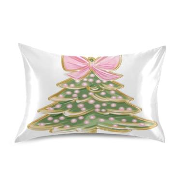 Imagem de ATTX Fronha de almofada de árvore de Natal com laço rosa com fecho de envelope para cabelo e pele, macia, respirável, suave, ambos os lados, capa de almofada de seda refrescante (Queen 50 cm × 76 cm