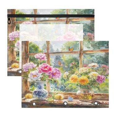 Imagem de SEHANY Pasta de lápis de flores de jardim com 3 anéis – Bolsa para documentos tamanho A4 com janela transparente para sala de aula, escritório, 2 peças