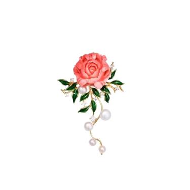 Imagem de Anmpab Broche vintage de peônia rosa com strass pérola folhas verdes brilhantes broche de lapela floral para blusa, jaqueta, cachecol, Large, Metal, Sem Pedra Preciosa