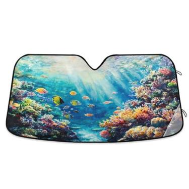 Imagem de SEHANY Para-brisa de carro colorido de recifes de corais e peixes, para-sol para mulheres, pára-brisa frontal dobrável, bloqueia raios UV, mantém o veículo fresco, para-sol de carro para caminhão SUV