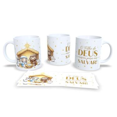 Imagem de Caneca Natalina com Presépio, Jesus O Verdadeiro Sentido do Natal, Cerâmica Branca, Decoração Religiosa com Arte Dourada, 325ml (23170)