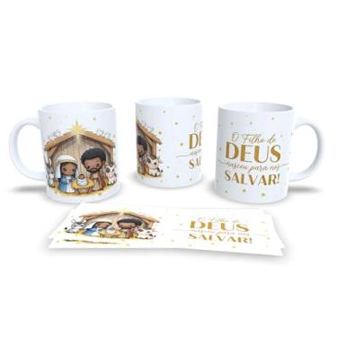 Imagem de Caneca Natalina com Presépio, Jesus O Verdadeiro Sentido do Natal, Cerâmica Branca, Decoração Religiosa com Arte Dourada, 325ml (23169)