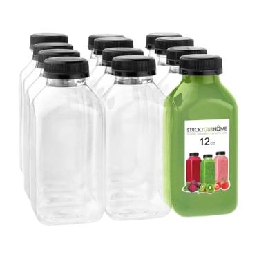 Imagem de Garrafas de suco de 355 ml com tampas para sucos (pacote com 12) – Garrafas de água de plástico vazias transparentes reutilizáveis – Recipientes para bebidas para mini geladeira, doses de suco incluem