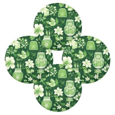 Imagem de Wassud Jogo americano conjunto de 4 vasos de flores verdes e brancos tapetes de mesa redondos para cozinha e jantar tapetes laváveis resistentes ao calor decoração de mesa 39 cm