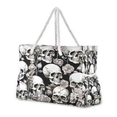 Imagem de Wassud Bolsa de praia grande para mulheres, crânio branco, rosa, impermeável, à prova de areia, bolsa de viagem com zíper e bolso para piscina, academia, acampamento