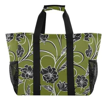 Imagem de Wassud Sacolas de compras reutilizáveis de flores pretas grande bolsa organizadora de lona impermeável para praia, piquenique, lavanderia, viagem