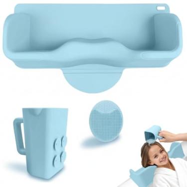 Imagem de Estação de lavagem de cabelo portátil, lavatório de cabelo para crianças, crianças, adolescentes, lavatório de cabelo de silicone para pia ou banheira, tigela de xampu com copo de enxágue e esfregão