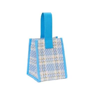 Imagem de Bolsa de mão de lona xadrez geométrica – Mini bolsa impermeável para mulheres, bolsa de pulso compacta unissex, armazenamento elegante e prático, Azul-celeste