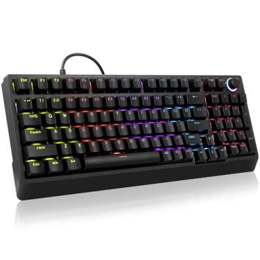 Imagem de HUO JI Teclado mecânico com fio, interruptores vermelhos, retroiluminação LED, 98 teclas, preto