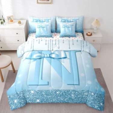 Imagem de Erosebridal Conjunto de edredom solteiro alfabeto N com lençol com design de laço - conjunto de cama de 7 peças com laço azul fofo feminino, moderno, moderno, moderno, moderno, moderno, em uma bolsa